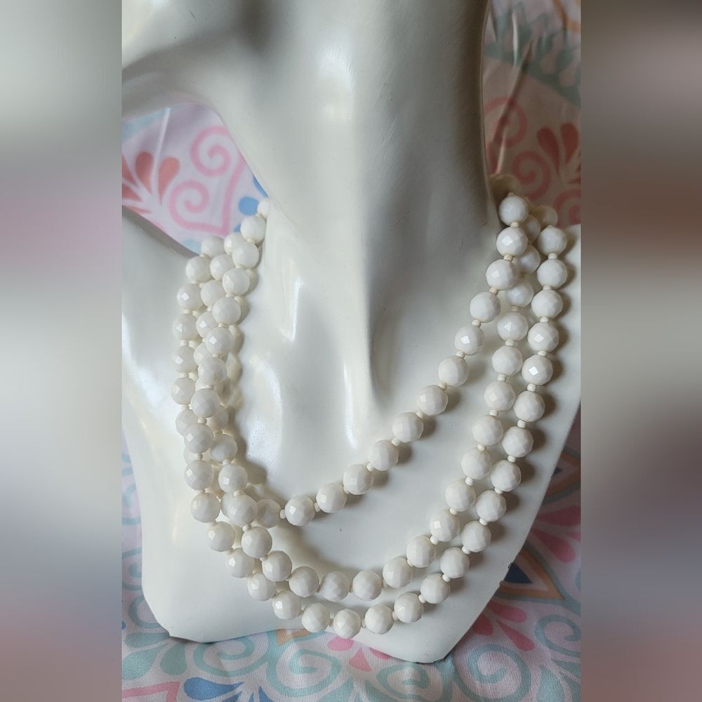 Vintage White Beaded 3-Strand Necklace - Germany